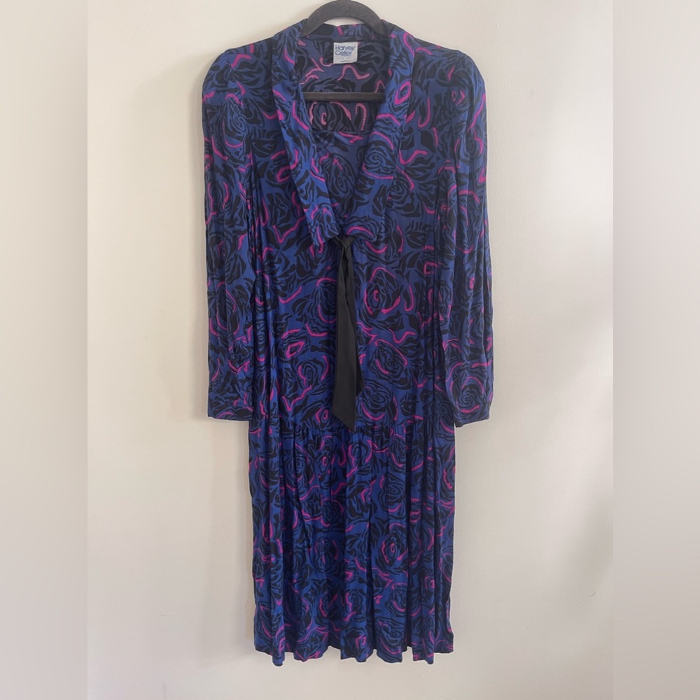 Vintage 80s Harvey Celler Blue Pink Rose Floral Drop Waist Dress w Neck Tie M